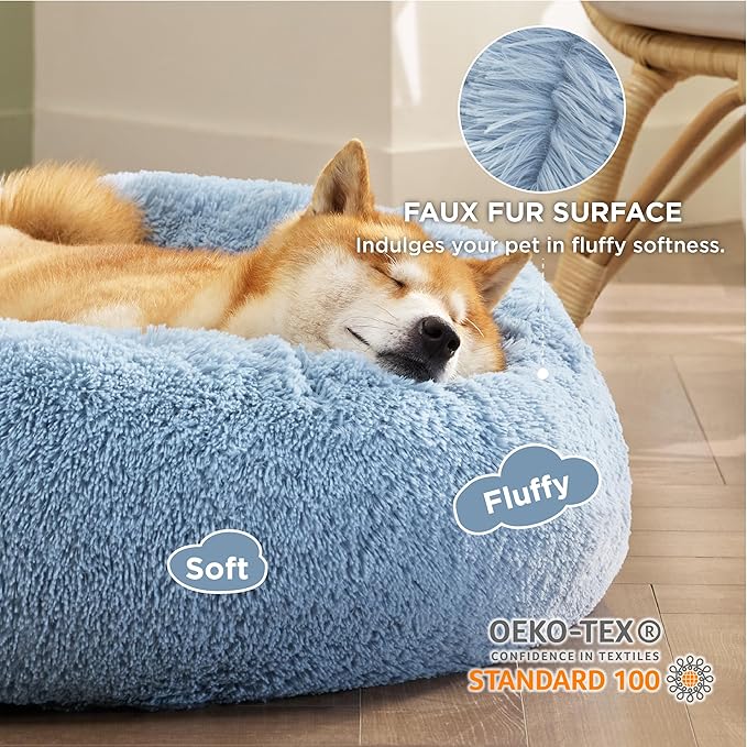 Bedsure Calming Dog Bed for Medium Dogs - Donut Washable Medium Pet Bed, Anti-Slip Round Fluffy Plush Faux Fur Cat Bed, Fits up to 45 lbs Pets, Light Blue, 30 inches