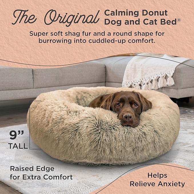Best Friends by Sheri Original Calming Donut Dog and Cat Bed, Shag Faux Fur, Taupe, (36in x 36in) - Anxiety Relief for Pets Up to 100 lbs