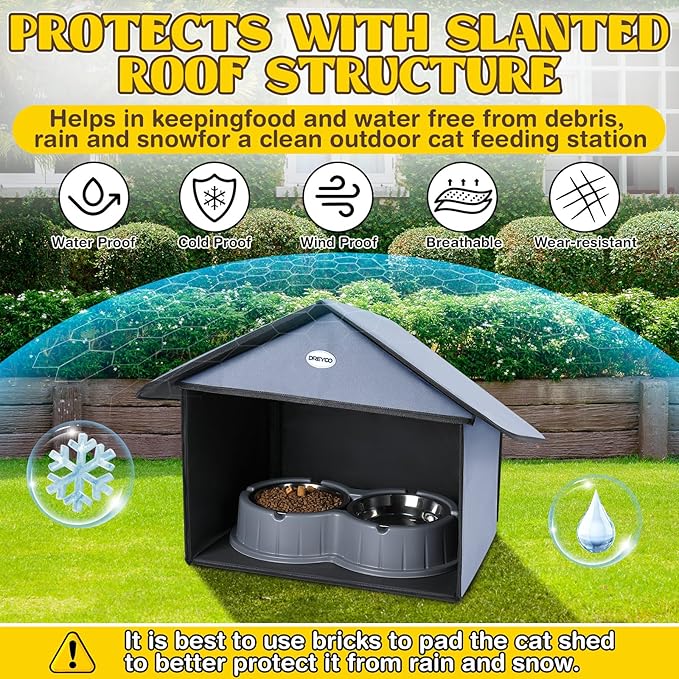 Dreyoo Cat Houses & Condos Outdoor Cat Feeding Station for Food & Water, Weatherproof Outdoor Kitty Dining Room Cats Shelter for Stray, Feral and Community Cats, 13”d x 17”w x 15.5'h(Dusty Blue)