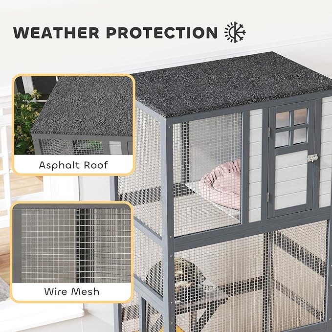 PawHut 74" Wooden Catio Outdoor Cat Enclosure Weatherproof & Wheeled, Outside Cat House with High Weight Capacity, Kitten Cage Condo, Dark Gray