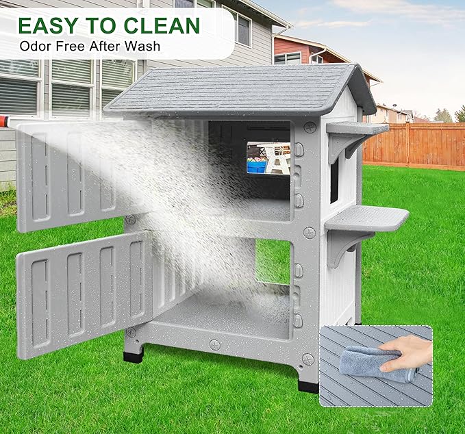 Rockever Luxury Plastic Outdoor Indoor Cat House with Escape Door, Waterproof 2 Story Outdoor Houses for Feral Cats Outside Cat Shelter, Spacious, Clean and Assemble Easily