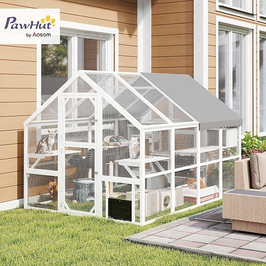 PawHut Large Catio Outdoor Cat Enclosure for Multiple Kittens, Wooden Cat House with Waterproof Cover, Walk in Kitty Cage Kennel with 2 Condos, 6 Platforms, Bridge, Doors, 110" x 73" x 74", White