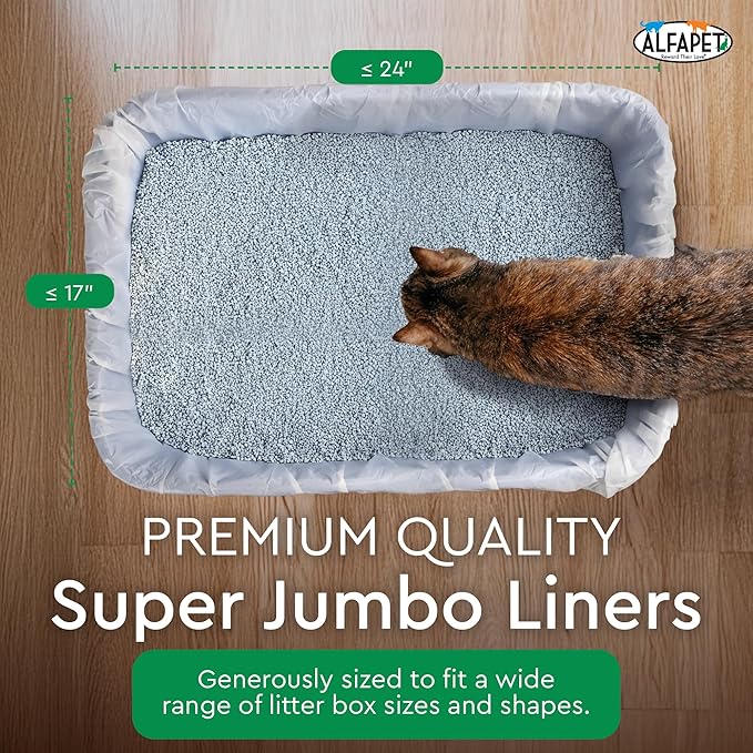 Alfapet Elastic Cat Litter Box Liners - Super Jumbo 13 Count - Tear-Resistant Cat Litter Bags, Waterproof Kitty Litter Liners - Fits Litterbox Pan Sizes X-Giant, Jumbo 42" x 20" x 2 MIL 30 lb Capacity