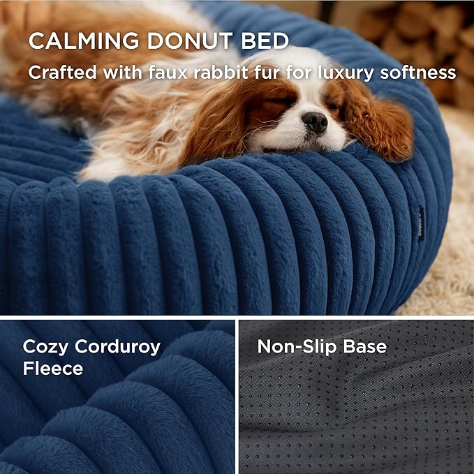 Bedsure Donut Medium Dog Bed - Washable Faux Fur with Corduroy Fleece & Anti Slip Bottom, Round Pet Beds with Removable Cover, Night Blue, 30x30x8 inches