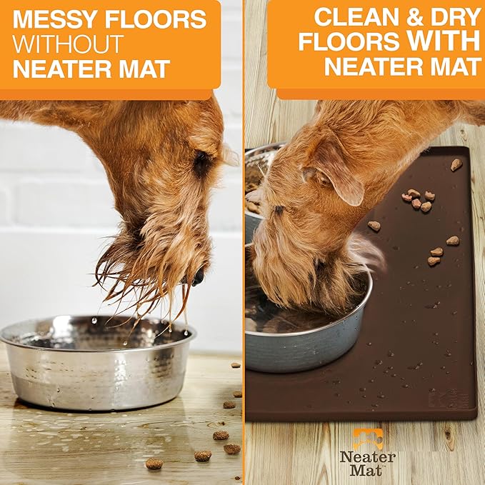 Neater Pet Brands Neater Mat Pet Mats for Food and Water, Cat & Dog Bowl Mat Waterproof Silicone, Feeding Tray, Dog Food Mats for Floors, Placemat w/Raised Edge for Under Bowls, 24" x 16", Brown