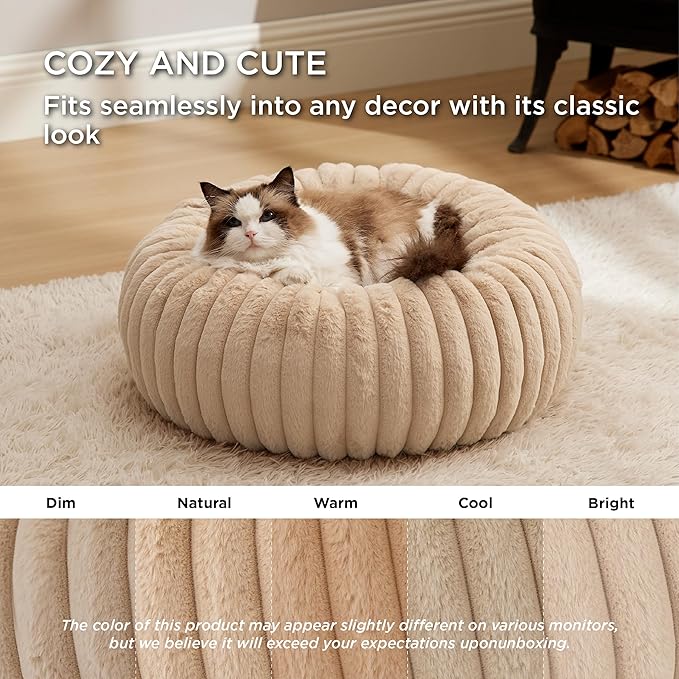Bedsure Cat beds for Indoor Cats - Donut Dog Beds for Small Dogs with Corduroy Fleece & Anti Slip Bottom, Faux Fur Pet Beds with Washable Removable Cover, Sandy Tan, 20x20x6 inches
