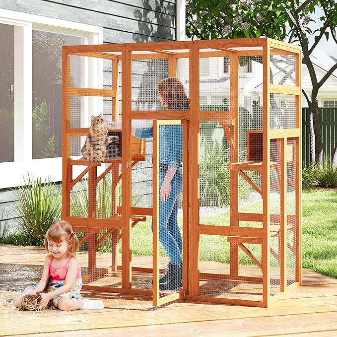71Inches Large Wood Catio Outdoor Cat Enclosure with Perches and Condos, Cat House Indoor with Waterproof Roof, Cat Shelter 7 Platforms & 2 Resting Box, UV Resistant (Orange)