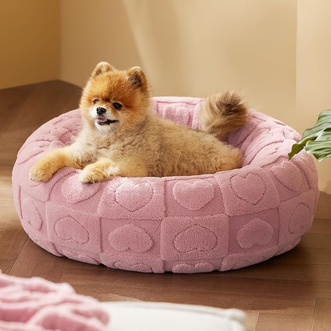 Bedsure Cat Beds for Indoor Cats - Donut Dog Beds for Small Dogs Puppy Kitten with Anti Slip Bottom, Round Sherpa Pet Beds with Washable Removable Cover, Pink, 20x20x6 inches