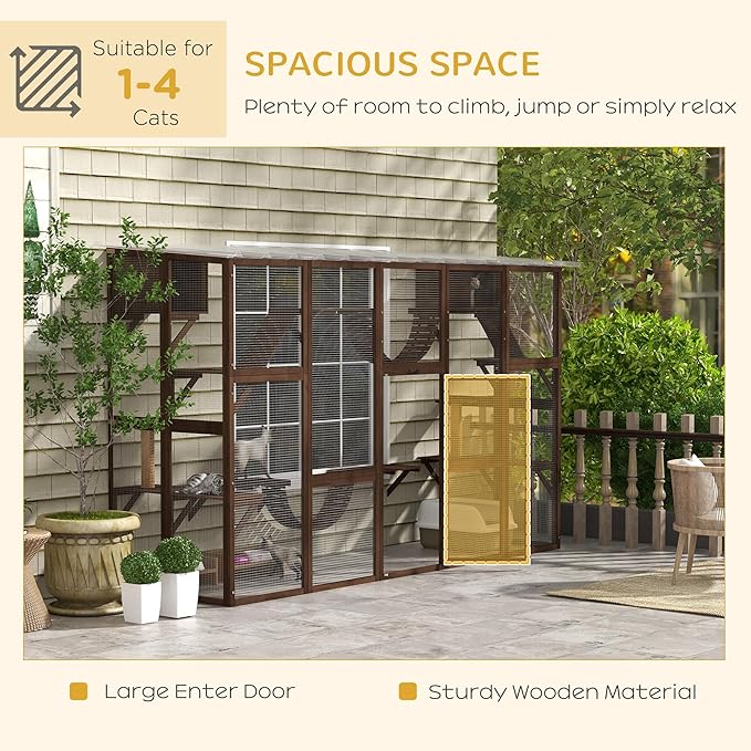 PawHut Catio Outdoor Cat Enclosure Window, Outdoor Cat House with Weather Protection Roof for Multiple Kitties, Wooden Frame, Shelves & Bridges, 118" x 37.5" x 74", Coffee Brown