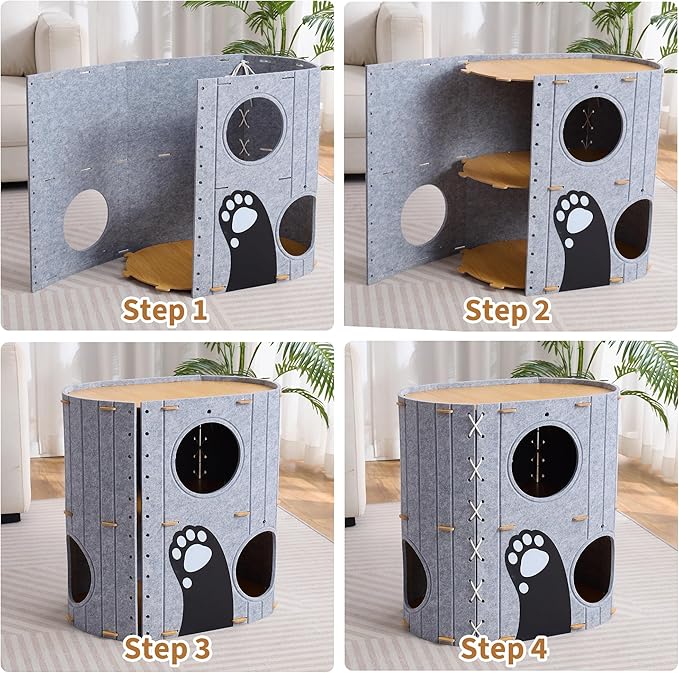 Cat House for Indoor Cats,2-Storey 23" x 15" x 23" Large Felt Covered Cat Cave for Multiple Cats,Clawsable Enclosed Cat Hideout Houses&Condos with Fluffy Ball, Cozy Scratch Resistant House