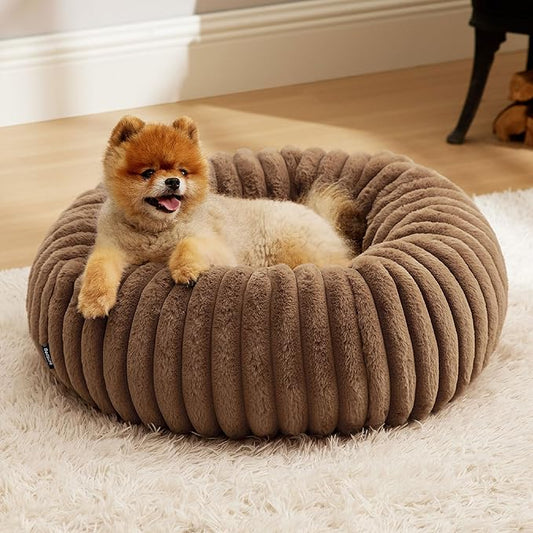 Bedsure Donut Small Dog Bed - Dog Beds for Small Dogs with Corduroy Fleece & Anti Slip Bottom, Round Faux Fur Pet Beds with Washable Removable Cover, Copper Brown, 23x23x7 inches