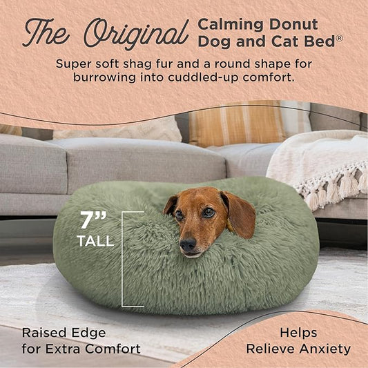 Best Friends by Sheri Original Calming Donut Dog and Cat Bed, Shag Faux Fur, Sage Green, (23in x 23in) - Anxiety Relief for Pets Up to 25 lbs