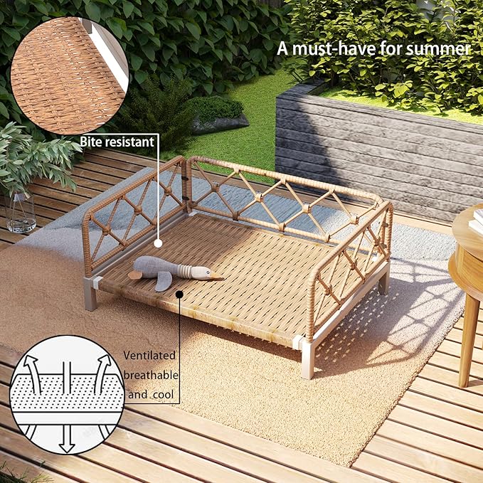 Outdoor Wicker Dog Bed Indoor Rattan Dog Sofa with Soft Cushion (Brown Wicker/White Cushion, Small)