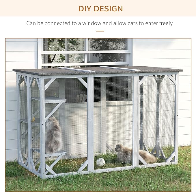 PawHut Outdoor Cat House - Wooden Feral Cat Shelter with Platforms, Large Entrance, Weather Protection Asphalt Roof, 71" L, Gray