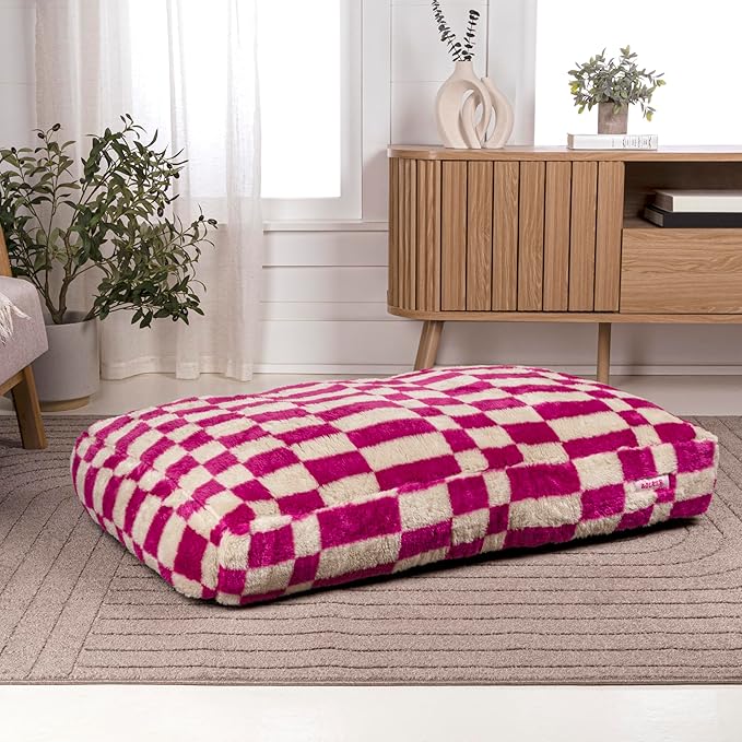 DBD3001H-L Mabel 41" x 25.5" Designer Modern Ultra Soft Reversible Plush Rectangular Pet Bed with Washable Cover, Raspberry Check