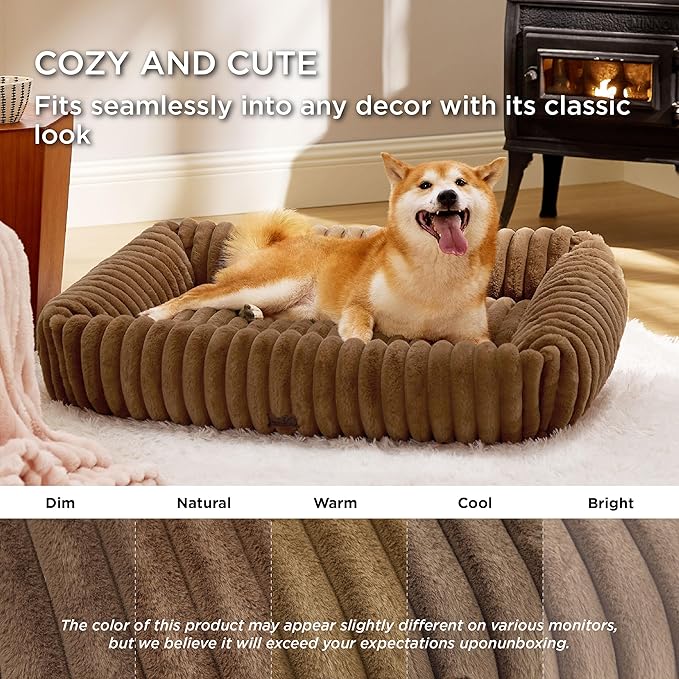 Bedsure Cute Dog Bed for Large Dogs - Washable Furry Puppy Beds, Rectangle Orthopedic Corduroy Fleece Pet Beds with Removable Zipper Cover, 36x27x8inches, Copper Brown
