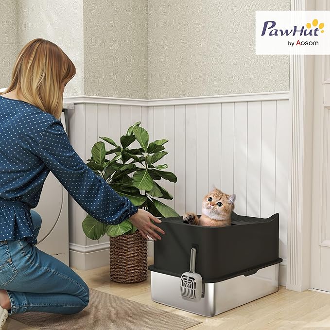 PawHut XL Stainless Steel Litter Box, Extra Large Enclosed Cat Litter Pan with High Wall Sides, Scoop, Top Entrance, Non-Slip Pads, Anti-Urine Leakage, Non-Sticky, Black