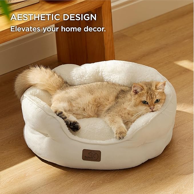 Bedsure Dog Beds for Small Dogs - Round Cat Beds for Indoor Cats, Washable Pet Bed for Puppy and Kitten with Slip-Resistant Bottom, 20 Inche, White