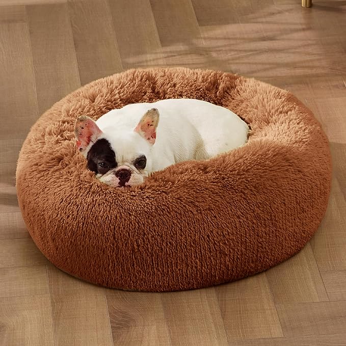 Bedsure Calming Dog Bed for Small Dogs - Donut Washable Small Pet Bed, 23 inches Anti-Slip Round Fluffy Plush Faux Fur Large Cat Bed, Fits up to 25 lbs Pets, Caramel
