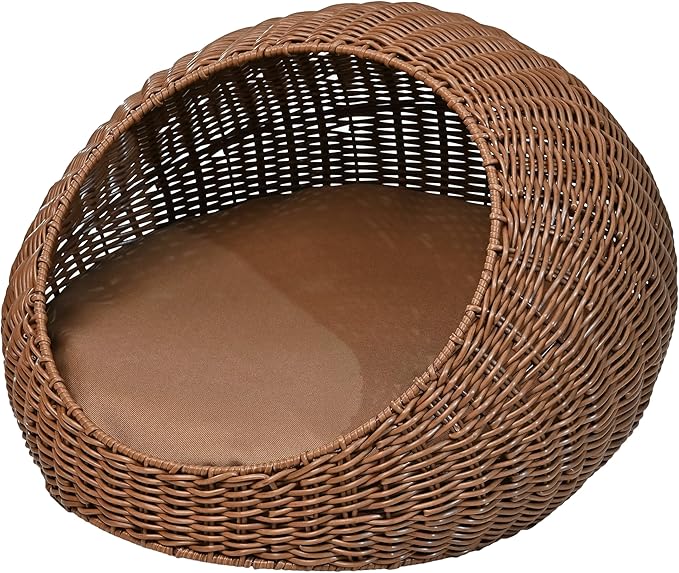 CBD3000B Fiora 19.5" x 18" Modern Circular Faux Wicker Pet Bed with Machine-Washable Cushion, Cat Beds for Indoor Cats, Brown