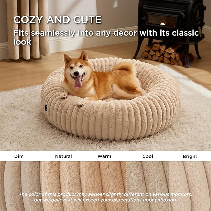 Bedsure Donut Large Dog Bed - Washable Faux Fur with Corduroy Fleece & Anti Slip Bottom, Round Pet Bed with Removable Cover, Sandy Tan, 36x36x10 inches