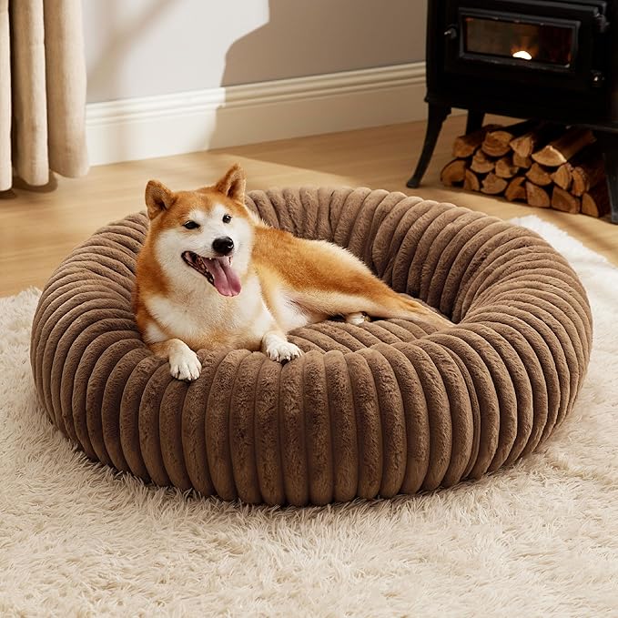 Bedsure Donut Large Dog Bed - Washable Faux Fur with Corduroy Fleece & Anti Slip Bottom, Round Pet Bed with Removable Cover, Copper Brown, 36x36x10 inches