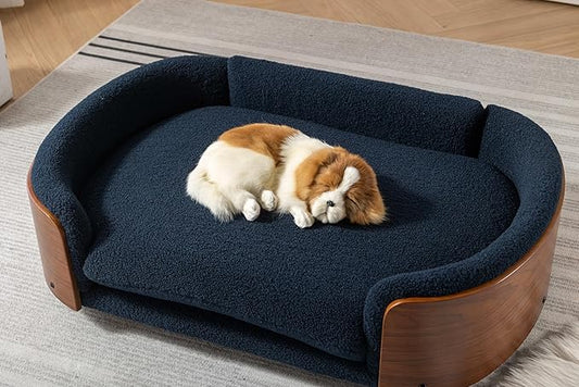 HomSof 38.58" Scandinavian Style Elevated Dog Cat Bed Pet Sofa with Solid Wood Legs and Bent Wood Back with Velvet Cushion,Large Size，Light Grey