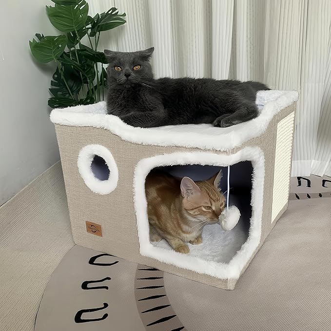 Cat Bed for Indoor Cats,Covered Cat Cave House & Furniture with Scratch Pad,Foldable Cat Hideaway Hut Cute Cat Condo with Soft Washable Mat for Multi Small Pet Under 30 lbs,Khaki