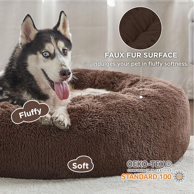 Bedsure Calming Dog Bed for Large Dogs - Donut Washable Large Pet Bed, 36 inches Anti-Slip Round Fluffy Plush Faux Fur Dog Bed, Fits up to 80 lbs Pets, Coffee