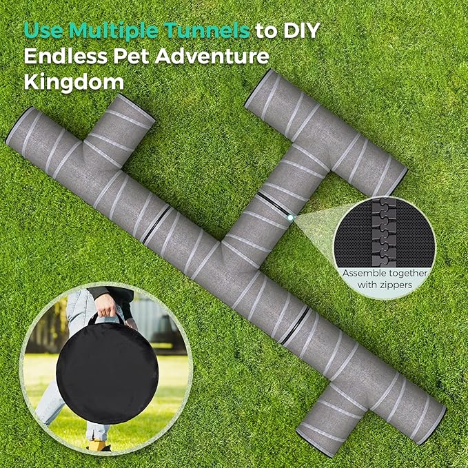 Cat Tunnel 4 Way with Teaser Wand & 2 Plush Ball, 5 Shapes Available, 54/80.7" L, H-Shaped Collapsible Pet Play Tube Maze for Kitten Puppy Bunny Ferret Rabbit, Indoor/Outdoor Peekaboo Cave