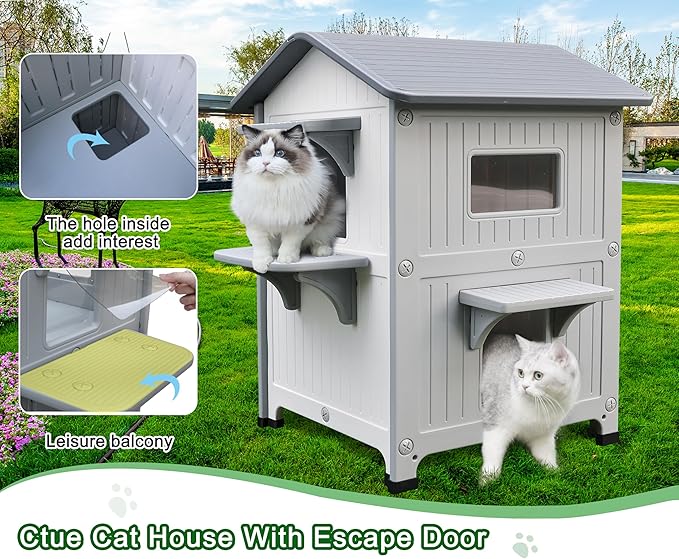 Rockever Plastic Outdoor Cat House with Insulated Liner, 100% Insulated Outdoor Cat Houses for Winter, Waterproof 2 Story Outside Cat Shelter, Clean and Assemble Easily-White
