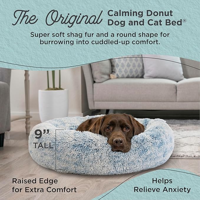 Best Friends by Sheri Original Calming Donut Dog and Cat Bed, Shag Faux Fur, Denim Blue, (36in x 36in) - Anxiety Relief for Pets Up to 100 lbs
