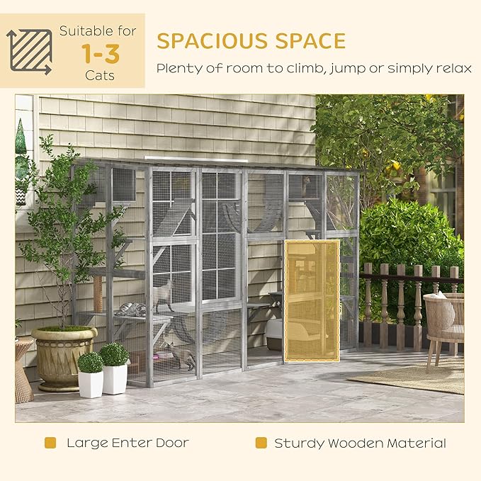 PawHut Catio Outdoor Cat Enclosure Window, Outdoor Cat House with Weather Protection Roof for Multiple Kitties, Wooden Frame, Shelves & Bridges, 118" x 37.5" x 74", Gray