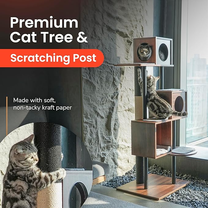 Modern Cat Tree-Sleek Wooden Furniture-Style Tower(60") Blends with Home Decor, Tallest Scratching Post(48"), 3 Cat Condos for Multi-Cat Harmony & Comfort