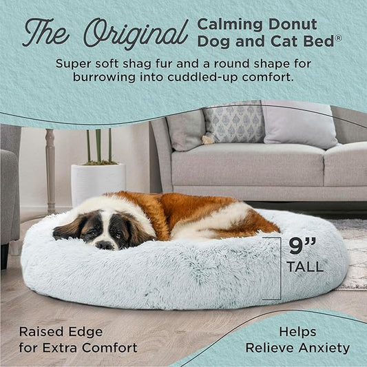 Best Friends by Sheri Original Calming Donut Dog and Cat Bed, Shag Faux Fur, Frost Gray, XL (45in x 45in) - Anxiety Relief for Pets Up to 150 lbs