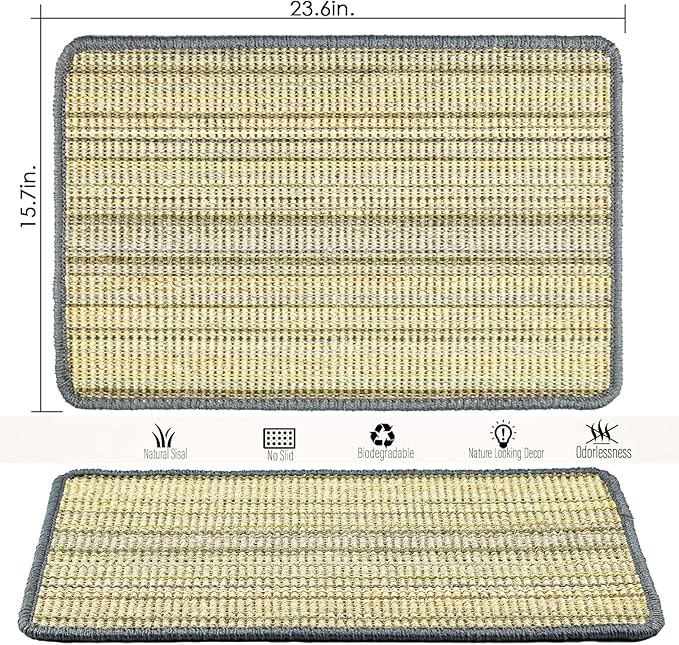 Cat Scratching Pad, 23.6 x 15.7inch Sisal Scratch Mat With Velcro Tapes, Stick on Floor Pad for Wall Scratcher, Horizontal Scratcher Protect Carpets and Sofa (Striped Style)