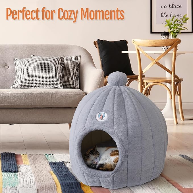 Extra Large Cat Cave Bed for Large Cats & Small Dogs – Plush Dome Hideaway with Removable Cushion – Spacious, Enclosed Cat House (24x23”, Light Gray)