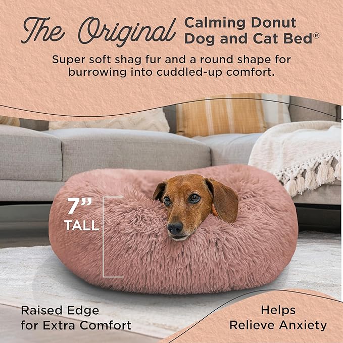 Best Friends by Sheri Original Calming Donut Dog and Cat Bed, Shag Faux Fur, Dusty Rose, (23in x 23in) - Anxiety Relief for Pets Up to 25 lbs