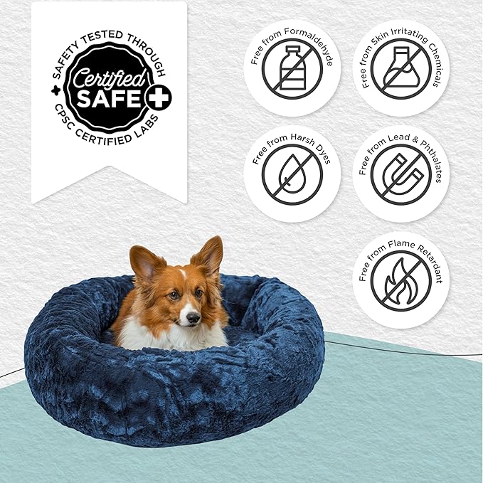 Best Friends by Sheri Original Calming Donut Dog and Cat Bed, Lux Faux Fur, Navy Blue, (30in x 30in) - Anxiety Relief for Pets Up to 45 lbs