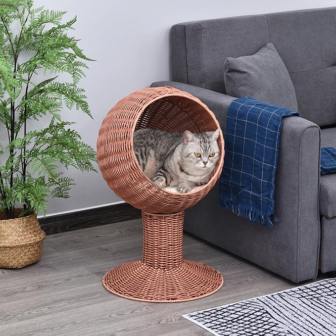 PawHut Elevated Cat Bed with Rotatable Egg Chair Pod, Cat Basket Bed with Thick Cushion, Natural Mat Grass Woven Kitty House, Brown