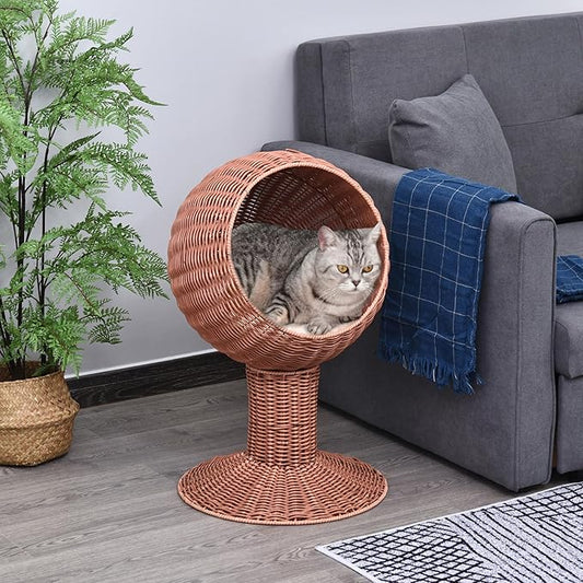 PawHut Elevated Cat Bed with Rotatable Egg Chair Pod, Cat Basket Bed with Thick Cushion, Natural Mat Grass Woven Kitty House, Brown