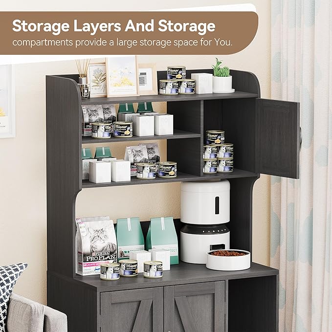 Large Cat Litter Box Enclosure Furniture with 3 Open Shelves and Storage Cabinet, Farmhouse Cat House Washroom with Scratch Pad, Modern Wood Pet House Side End Table for Livingroom Bedroom