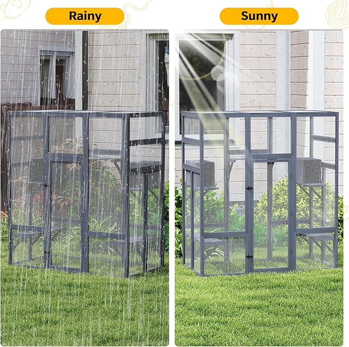 71Inches Large Wood Catio Outdoor Cat Enclosure with Perches and Condos, Cat House Indoor with Waterproof Roof, Cat Shelter 5 Platforms & 2 Resting Box, UV Resistant (Grey)