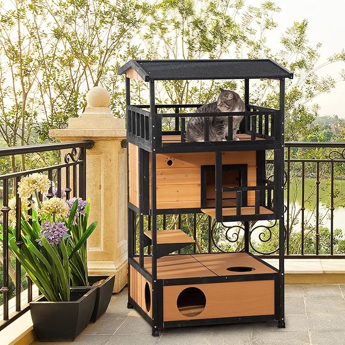 PawHut Wooden Outdoor Cat House, Feral Cat Shelter Kitten Condo with Asphalt Roof, Escape Doors, Condo, Jumping Platform, Yellow