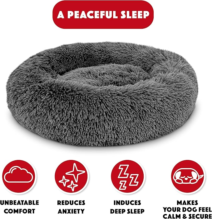The Dog’s Bed Sound Sleep Donut Dog Bed, Small Steel Grey Fur Calming Nest Bed, Veterinary Approved