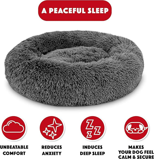 The Dog’s Bed Sound Sleep Donut Dog Bed, Small Steel Grey Fur Calming Nest Bed, Veterinary Approved