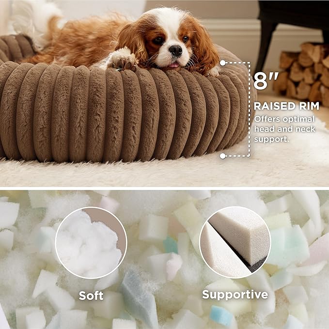 Bedsure Donut Medium Dog Bed - Washable Faux Fur with Corduroy Fleece & Anti Slip Bottom, Round Pet Bed with Removable Cover, Copper Brown, 30x30x8 inches