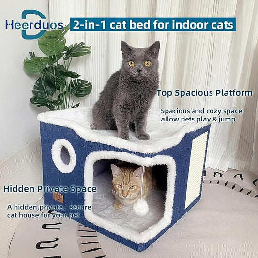 Cat Bed for Indoor Cats,Covered Cat Cave House & Furniture with Scratch Pad,Foldable Cat Hideaway Hut Cute Cat Condo with Soft Washable Mat for Multi Small Pet Under 30 lbs Navy Blue