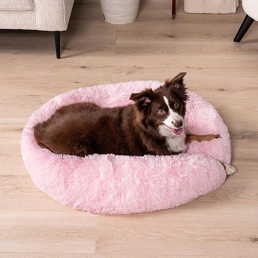 PetAmi Calming Dog Bed for Small Medium Dog Cat, Round Donut Dog Bed Washable, Fluffy Faux Fur Plush Cuddler Pet Kitten Cushion Bed, Anti-Slip, Fits up to 45 lbs, 30 inch, Pink