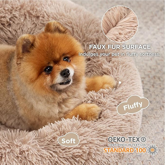 Bedsure Calming Dog Bed for Small Medium Dogs - Donut Washable Medium Puppy Bed, 27 inches Anti-Slip Round Fluffy Plush Faux Fur Pet Bed, Camel